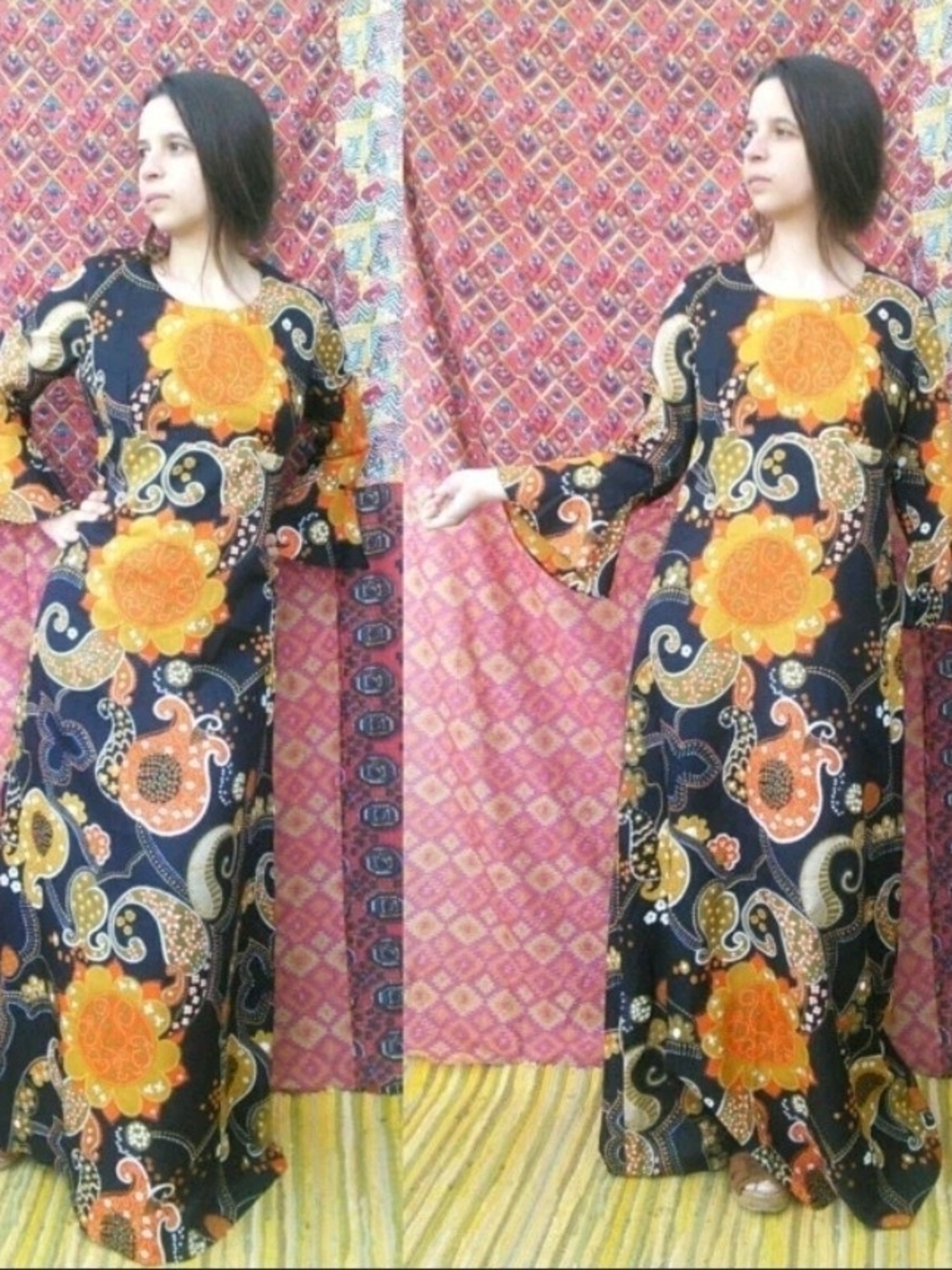 VINTAGE 1970s Black & Orange Paisley Maxi Dress - Women's Long Sleeve Dress